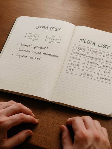 Close-up of open strategy notebook on a wide wooden desk, annotated media list visible, a founder's hands resting at the edge, north-facing window light casting soft shadows, no color grading