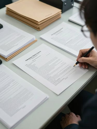 Close overhead view of a desk in a vehicle registry office, stamped documents and organized file folders spread across the surface under neutral fluorescent light, a hand visible at the edge completing a form