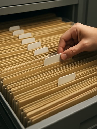 Organized rows of vehicle registration folders in a filing cabinet drawer, labeled tabs visible, hands of an office worker pulling one folder, overhead fluorescent lighting, administrative office environment