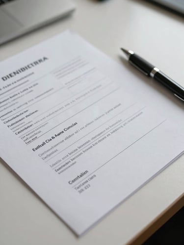 Close-up overhead view of stamped official vehicle documents spread on a clean desk surface, a pen resting beside them, neutral fluorescent office light, no people visible