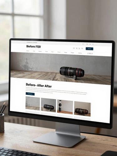 Tight crop of a monitor showing a before-and-after website redesign comparison — left side a sparse outdated layout, right side a clean conversion-optimized page — on a studio desk with natural window light, no people, high clarity