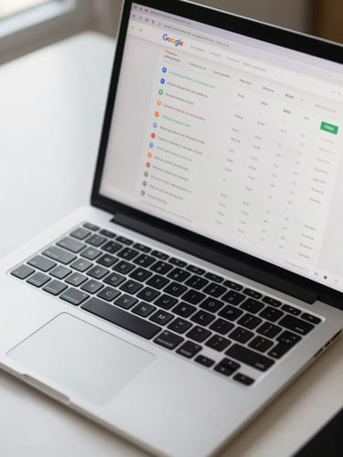 Close-up overhead shot of a laptop screen displaying a Google Ads dashboard with campaign performance metrics — clicks, conversions, and ROAS columns clearly visible — on a clean white desk, daylight from the left, sharp and legible