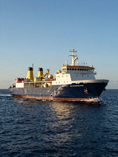 A modern marine supply vessel navigating through high-contrast deep blue waters under clear daylight, wide-angle lens