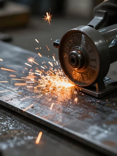 Close-up macro shot of bright orange sparks flying from a grinder on raw steel sheets, dramatic high-contrast side-lighting in an industrial workshop, 35mm