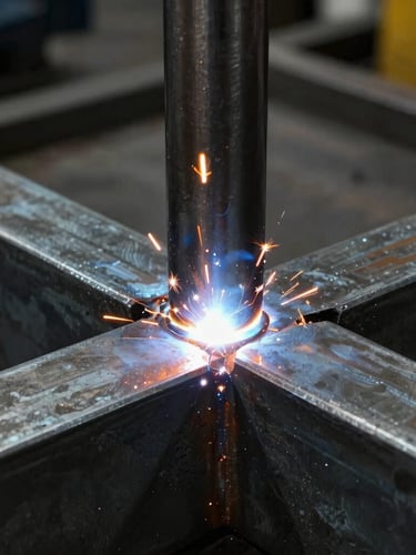 Close-up of clean MIG weld beads on a heavy steel joint, high-contrast workshop lighting, cool steel tones with warm orange spark highlights, 35mm