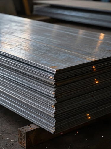 Industrial workshop photography, sharp details of raw steel sheets stacked in the shop, dramatic high-contrast side-lighting, cool steel tones, 35mm