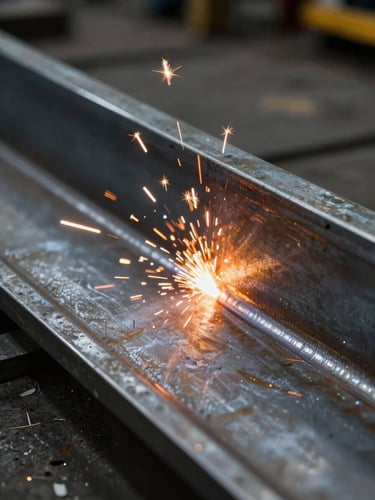 Close-up of clean MIG weld bead on heavy structural steel plate, bright orange sparks flying, dramatic side-lighting, 35mm