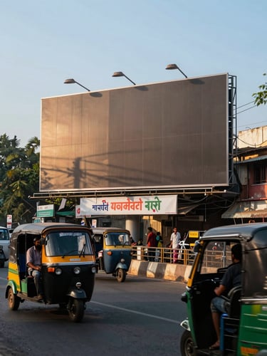 Eye-level street perspective of a large billboard on an urban Maharashtra road, morning daylight casting warm shadows, the hoarding structure fully visible against a clear sky, passing auto-rickshaws and pedestrians below giving scale