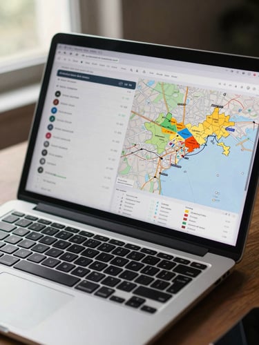 Close-up of a laptop screen on a planning table showing a campaign dashboard with social and display metrics, a printed Maharashtra city map with highlighted zones beside it, natural window light from the left, no people in frame