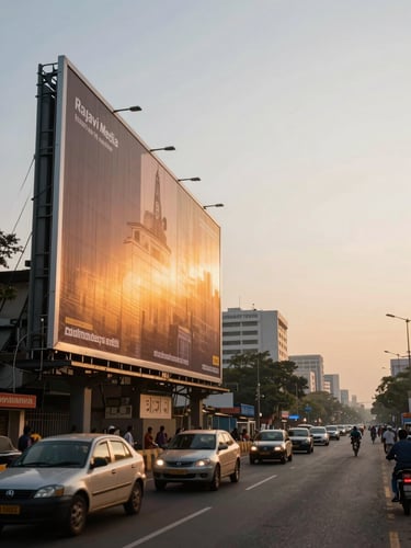 Wide environmental shot at golden hour, a large Rajavi Media hoarding mounted on a Maharashtra city arterial road to the left third of the frame, warm amber light raking across the billboard face, commuter traffic blurred below, expansive city skyline stretching right, eye-level street perspective