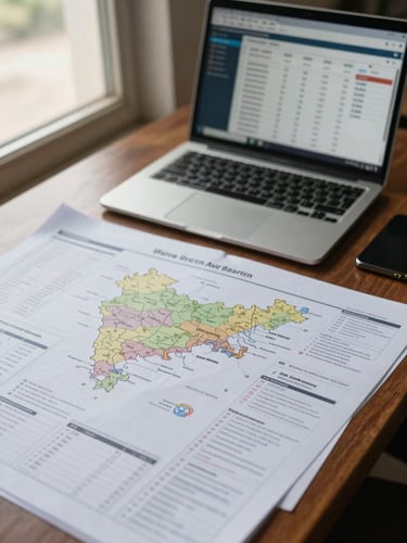Close-up overhead shot of a campaign planning table with printed Maharashtra map, booking sheets, and a laptop screen showing a live OOH tracking dashboard, natural daylight from a window to the left