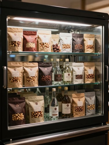 Interior of the machine's glass-front display under soft warm studio light, neatly arranged premium packaged goods in muted tones—small-batch nuts, glass-bottled sparkling water, artisan chocolate—no bright retail colors, tight framing, no signage visible