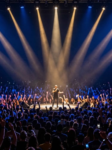 High-contrast event photography, Paulo Vieira on stage illuminated by dramatic gold spotlights, massive arena crowd of 10,000 people with raised hands, cinematic deep blue tone.