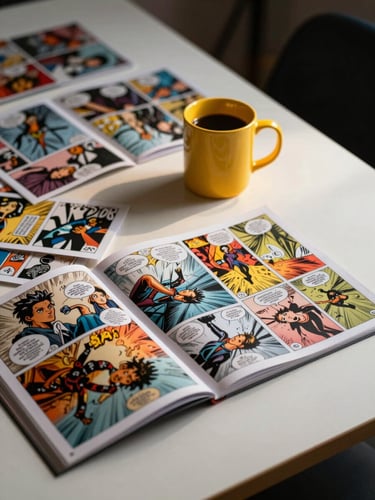 Dutch angle shot of a messy designer desk, scattered comic-book zines, a bright yellow coffee mug, hard flash lighting creating sharp drop shadows.