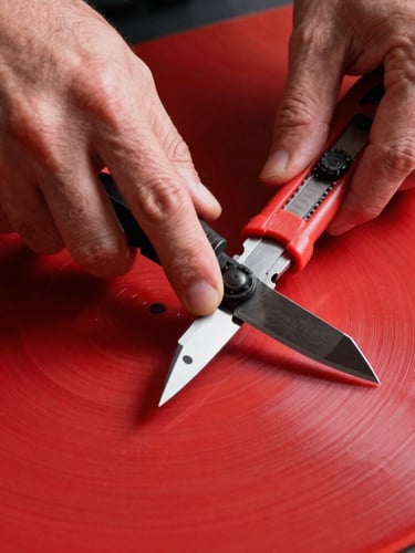 Extreme close-up of hands cutting thick red vinyl sheets with a utility knife, hard studio flash, stark black drop shadows, dynamic Dutch angle.