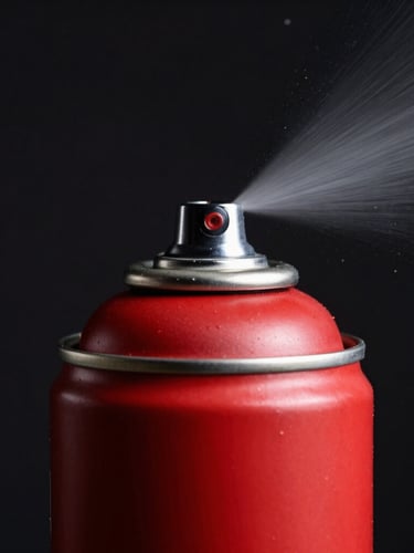 Extreme close-up of a bright red spray paint can spraying a thick black line, hard direct studio flash, stark contrast.