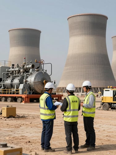 Engineers in high-visibility gear inspecting a massive diesel power plant in a desert mining operation, stark daylight, heavy machinery.