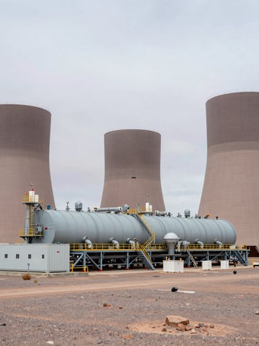 Wide environmental shot of a multi-megawatt containerized diesel power plant deployed in the high-altitude Atacama desert under an overcast industrial sky