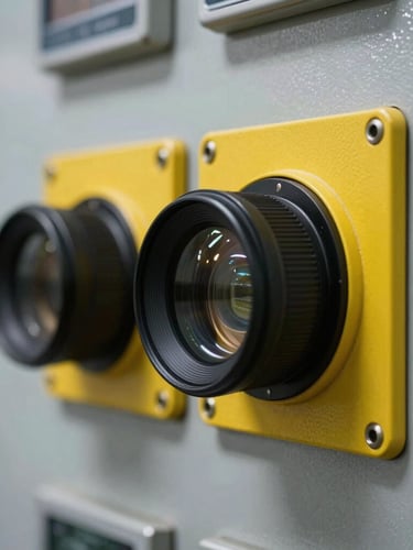 Extreme close-up of heavy-duty synchronization switchgear, sharp steel and safety-yellow accents, high-contrast lighting.