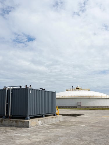 Wide-angle environmental shot of a coastal desalination plant under an overcast sky, with heavy-duty containerized diesel power integration units positioned on concrete plinths in the left foreground, high-contrast natural daylight.