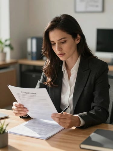 Medium shot of a professional woman at a well-organized desk in soft daylight, reviewing printed compliance documents, a pen in hand, calm and focused, warm office environment in the background
