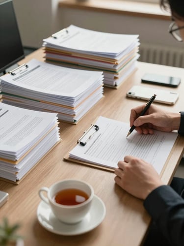 Wide environmental shot of a tidy office desk in soft north-facing daylight — organized document folders stacked neatly on the left, a cup of tea in the foreground, hands of a professional reviewing a compliance form, calm and ordered atmosphere