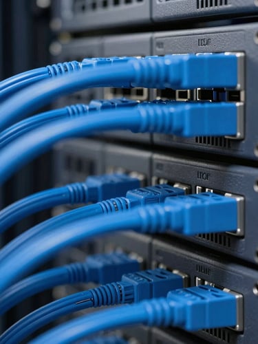 Macro close-up of cleanly organized server racks with immaculate blue cabling, cool crisp daylight, sharp technical focus