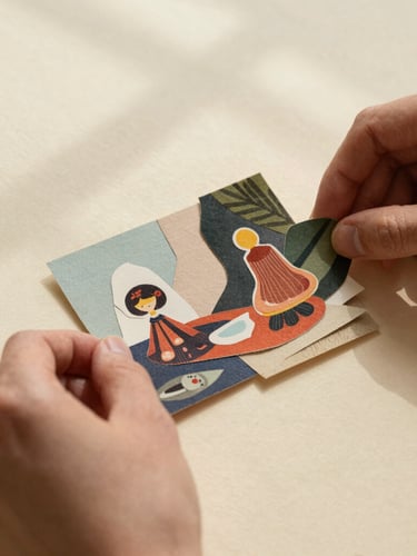 Close-up of hands arranging a physical paper collage on a textured cream background, warm natural window shadows, rich tactile details.
