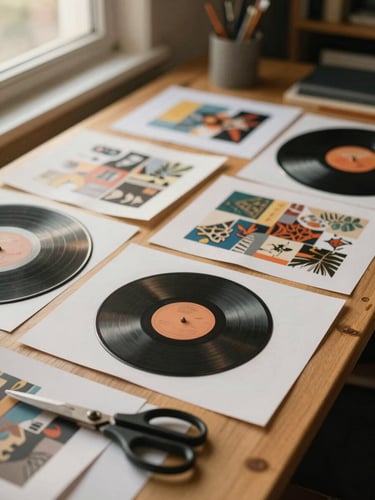 Warm editorial photography of a cozy studio desk covered in physical vinyl mockups, paper scraps, scissors, and analog collage elements, warm golden hour light pouring from a window, shallow depth of field, 35mm