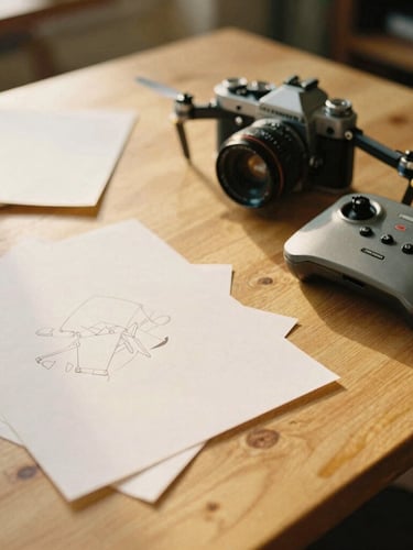 A cozy artist workshop table at golden hour, scattered paper clippings, a vintage camera, and a drone controller on a warm wooden surface, shallow depth of field.