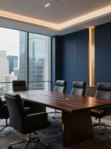 Modern, elegant boardroom interior, minimalist design with a large polished dark wood table and high-back leather chairs, natural light streaming through large windows overlooking a city skyline, low-key dramatic corporate lighting, premium corporate photography.