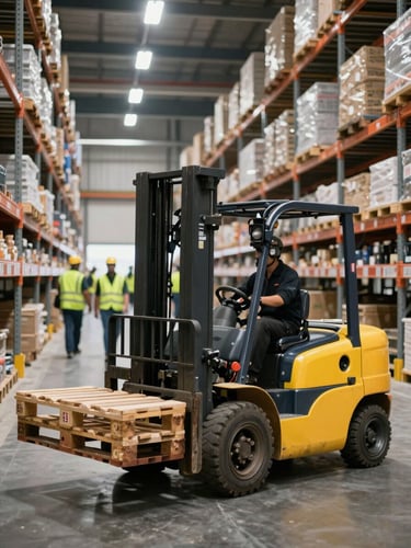 Wide environmental shot inside an active warehouse, a yellow forklift in motion carrying a loaded pallet in the foreground, tall shelving racks receding into depth under sodium-tungsten overhead lighting, workers in high-visibility vests visible mid-ground, industrial scale and operational rhythm apparent