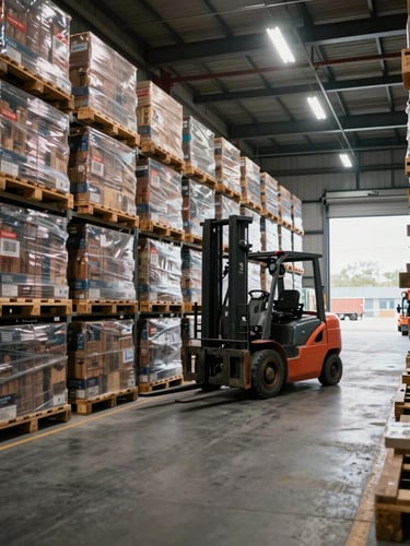 Wide interior of an active freight warehouse, rows of stacked pallets receding into depth, forklift in motion mid-aisle under sodium-tungsten overhead lighting, overcast daylight entering through high loading bay doors at far right