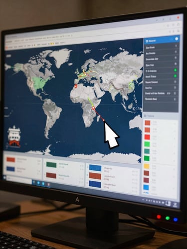 Close-up of a logistics operations tracking screen in a darkened control room, multiple vessel route lines overlaid on a world map interface, cursor hovering on a container shipment status panel showing ETA and port coordinates, sodium-tungsten ambient light, industrial monitor setup, documentary framing