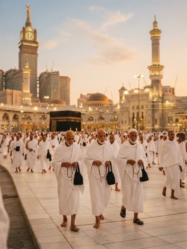 A serene wide shot of pilgrims in clean white ihram garments walking gracefully near the grand mosque in Mecca during the golden hour, soft focus, warm editorial look.