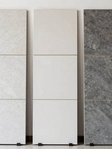 Straight-on clean architectural photograph of a modern tile showroom display in Jagatpura showing textured ceramic samples, bright neutral daylight, 35mm lens