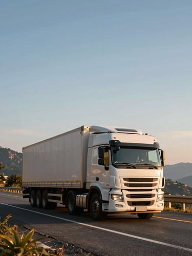 Wide environmental shot of a large commercial truck driving on a mountain highway at sunrise, golden light, clear sky, feeling of safety and progress.