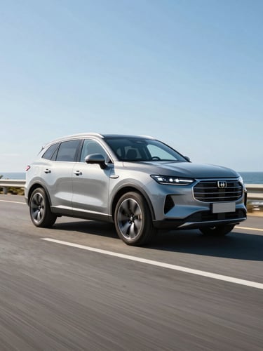 Wide cinematic shot of a modern SUV driving on a clean coastal highway during bright daylight, clear blue skies, high contrast, sharp focus on the vehicle.