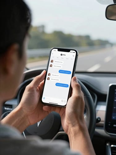 Over-the-shoulder shot of a driver holding a smartphone with a clean chat interface, bright daylight, clear highway visible through the windshield, high contrast.