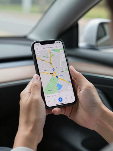Close-up of hands holding a smartphone displaying a map inside a parked modern car, bright daylight, sharp focus on the screen.