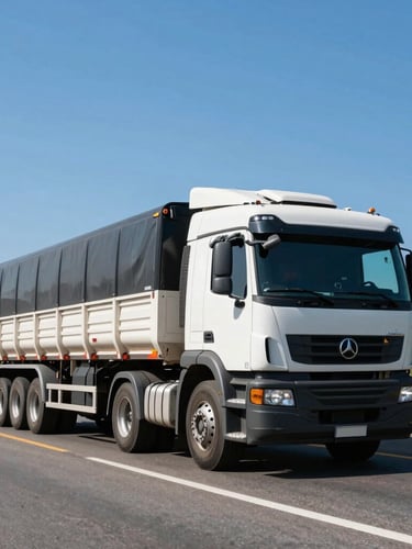 Wide environmental shot of a heavy-duty cargo truck driving on a clean Brazilian highway under bright daylight, clear blue sky, high contrast.