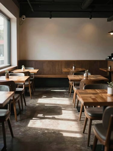 Wide shot of a quiet restaurant dining room before service, afternoon north-facing light falling across empty wooden tables, chairs neatly set, a single window casting a soft rectangle of daylight on the floor, no people