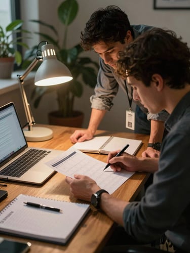Two agency team members leaning over a wooden desk reviewing a printed content calendar, warm tungsten desk lamp casting a pool of light, notebooks and a laptop screen visible, intimate office setting with plants in the background