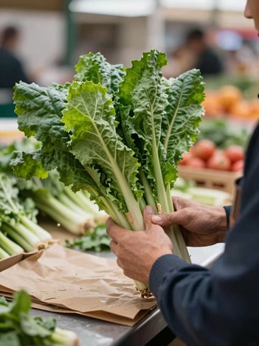 Tight framing of a market operator's hands wrapping a bunch of chard in brown paper at a stall counter, soft north-facing daylight, blurred stall background