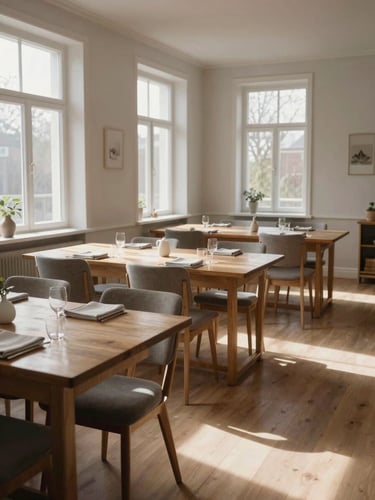 Wide interior of a quiet Scandinavian-style dining room before morning service — long communal tables, linen napkins folded, soft north-facing daylight streaming through tall windows onto pale wood floors, no people, stillness and anticipation