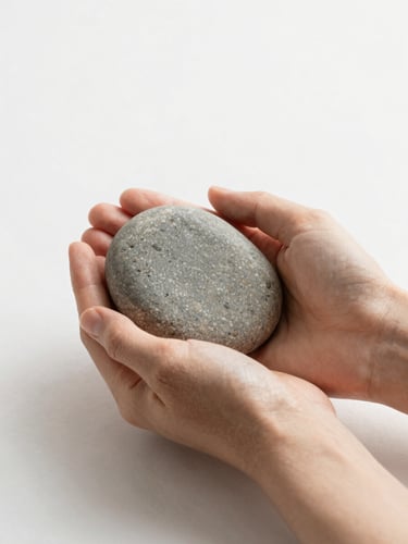 Close-up of relaxed hands holding a smooth grey stone, soft natural linen texture, bright daylight, minimalist composition, 35mm lens
