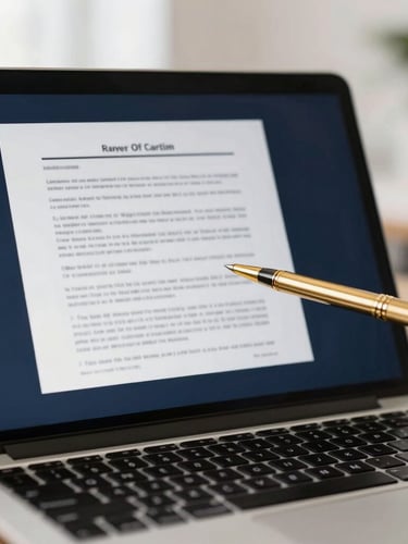 Modern digital workspace with a laptop displaying secure communication, a legal document on screen, and a subtle gold pen, soft natural daylight, shallow depth of field, 35mm
