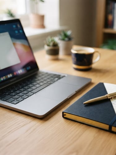 Close-up of a modern, minimalist digital workspace, a laptop open on a clean desk, with a high-quality notebook and pen beside it, soft natural daylight, deep navy and warm gold accents, shallow depth of field, 35mm