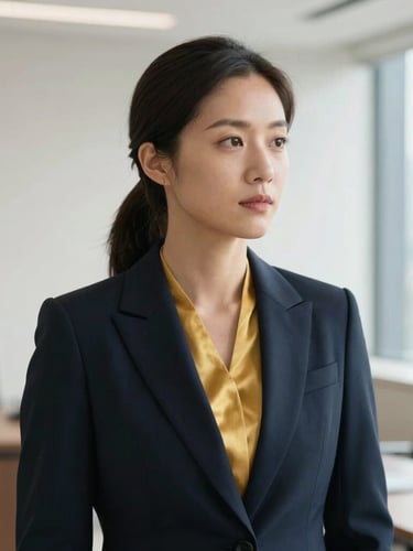 Medium-close editorial portrait of a female lawyer, thoughtful and professional, in a well-lit, minimalist office setting, soft natural daylight, deep navy and warm gold accents, shallow depth of field, 35mm, looking towards the right
