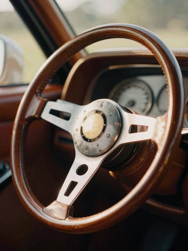 Close-up of a vintage luxury steering wheel and dashboard, warm golden-hour sunlight through the window, rich leather textures, medium format film style